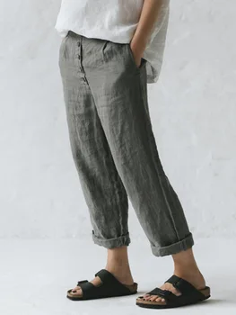 2023 Новые Женские Однотонные Весенне-летние Длинные брюки с винтажными пуговицами, карман из хлопка и льна с высокой талией, Черные брюки palazos de mujer