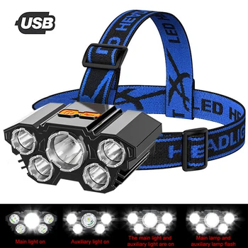 5 светодиодных налобных фонарей, USB-перезаряжаемый мощный головной фонарь со встроенной батареей 18650, Налобный фонарь для кемпинга и рыбалки на открытом воздухе