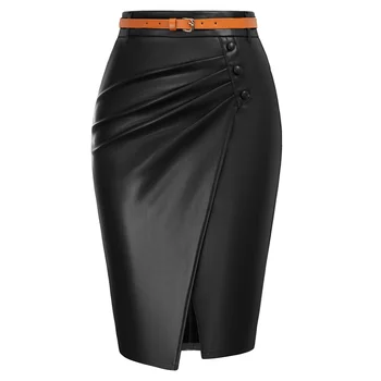BP Женские винтажные юбки-карандаши с высокой талией для работы, юбка-карандаш из искусственной кожи с рюшами 1950-х годов с поясом, Офисная женская облегающая юбка миди A30