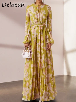Delocah Высококачественное весеннее женское модное праздничное платье Макси для подиума с рукавом-фонариком, высокой талией и цветочным принтом, платья больших размеров