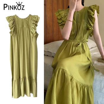 Pinkoz женские повседневные зеленые платья миди с круглым вырезом и рукавами-бабочками и оборками для женщин, летние праздничные платья в стиле бохо, vestidos traf