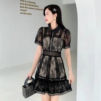SMTHMA 2022 Новое поступление, женское черное кружевное платье, женское роскошное летнее мини-платье в стиле пэчворк с коротким рукавом