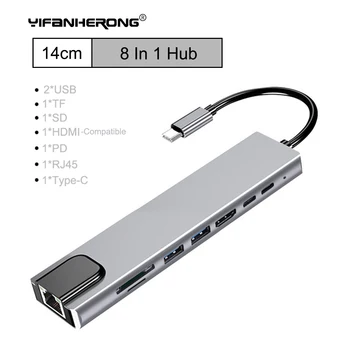 USB C Концентратор 8 В 1 Type C, Совместимый с HDMI Адаптером от 3.1 до 4K, с Устройством Чтения SD/TF Карт RJ45, Быстрой Зарядкой PD Для USB-док-станции Thunderbolt 3