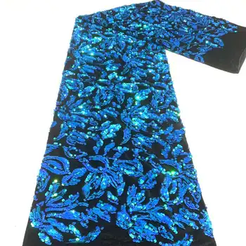 Африканская бархатная кружевная ткань 2023 г. Высококачественное кружево с голубыми блестками Французская кружевная ткань Нигерийские свадебные платья 5 ярдов бархатного кружева
