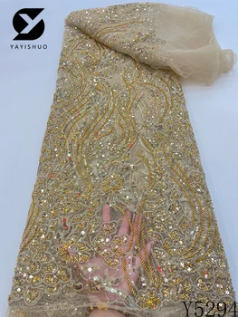 Африканская Золотая Французская Кружевная Ткань Ручной Работы Из Бисера 2023 Новейшая Последовательность 3D Вышивки Тюлевое Кружево Для Новобрачных Свадебное Платье Y5294