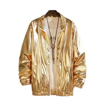 Бейсбольная куртка в стиле панк, мужская хип-хоп глянцевая светоотражающая куртка, серебристо-золотое пальто, спортивный свободный топ