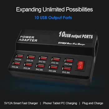 Высокоскоростной 10-портовый USB-концентратор с разъемом питания от переменного до постоянного тока, многофункциональные устройства с питанием от USB, зарядная станция USB, зарядное устройство для путешествий