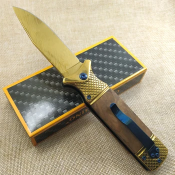 Дамасский Складной Нож Золотого цвета с деревянной ручкой, Походные Охотничьи Ножи для выживания на открытом воздухе, Карманный Тактический Универсальный нож EDC Tool