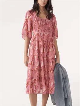 Женское городское платье с масляной живописью и принтом, приталенное платье 2023, летнее Новое длинное платье с квадратным воротником, короткий халат с V-образным вырезом, однобортная блузка