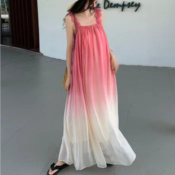 Женское летнее пляжное платье 2023 с квадратным вырезом, курортные пляжные платья, Приморские розовые шифоновые платья-феи с градиентом, женская длинная юбка