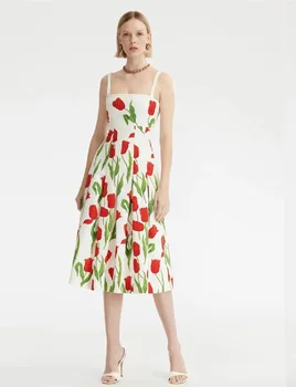 Женское платье Миди с квадратным воротником и застежкой-молнией сзади с цветочным принтом тюльпан