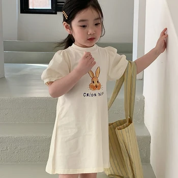 Корейская версия трикотажной длинной юбки с принтом для девочек с пышными рукавами, летнее платье с короткими рукавами в виде кролика в тонких срезах для девочек