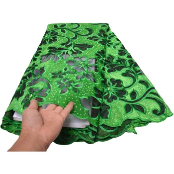 Красивая зеленая африканская французская тюлевая сетка с камнями Африканская кружевная ткань 5 ярдов Нигерийская бархатная кружевная ткань для платья B242