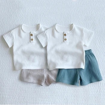 Летний комплект детской одежды для малышей, однотонный топ с коротким рукавом + шорты, одежда для мальчиков и девочек