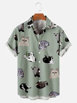Летняя мужская рубашка с коротким рукавом, свободные мешковатые повседневные зеленые топы с принтом милых кошек, пляжная рубашка для отдыха на Гавайях, блузка на пуговицах
