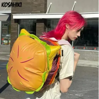 Модные школьные сумки в японском стиле харадзюку, Kawaii, милый Гамбургский рюкзак, женские студенческие эстетические рюкзаки Y2k контрастного цвета в стиле пэчворк