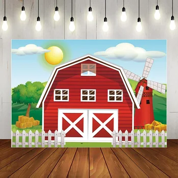Мультяшный красный маленький домик, ферма, долина, Вечеринка с животными, Детский день рождения, фоновая фотография, украшение, Фото-баннер, реквизит