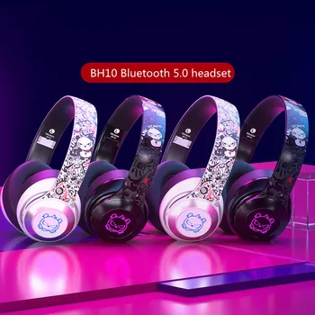 Новая печатная версия BH10 беспроводная гарнитура Bluetooth 5.0 HiFi стерео музыка складная светодиодная мультяшная гарнитура проводная игровая гарнитура