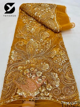 Роскошная Королевская африканская кружевная ткань 2023 Новейшая вышивка Сетчатая кружевная ткань ручной работы из бисера Франция Свадебное вечернее платье Y5322