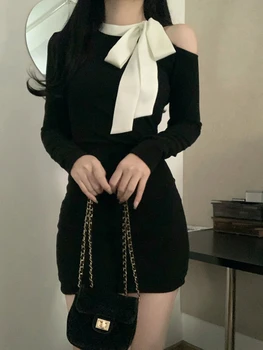 Сексуальные черные элегантные платья с длинным рукавом, Женское платье с открытыми плечами и бантом на шнуровке, Корейское модное Женское облегающее платье-футляр