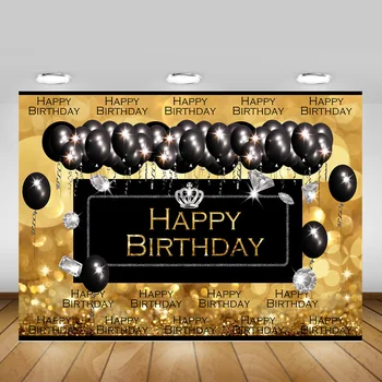 Черно-золотой фон для фотосъемки на День рождения, воздушные шары, блестящий бриллиант, декор для вечеринки в честь Дня рождения, Баннер, Фотофон, Фотостудия