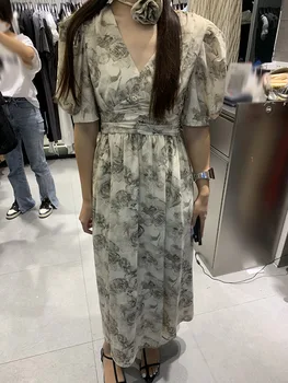 Южная Корея 2023 летнее новое милое платье с V-образным вырезом, темпераментная леди, цветочное платье с пышными рукавами, женский прилив